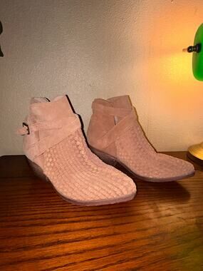 Free People Suede Boho Hippie Preppy Artsy Woven Ankle Wrap Strap 2.25” Boots